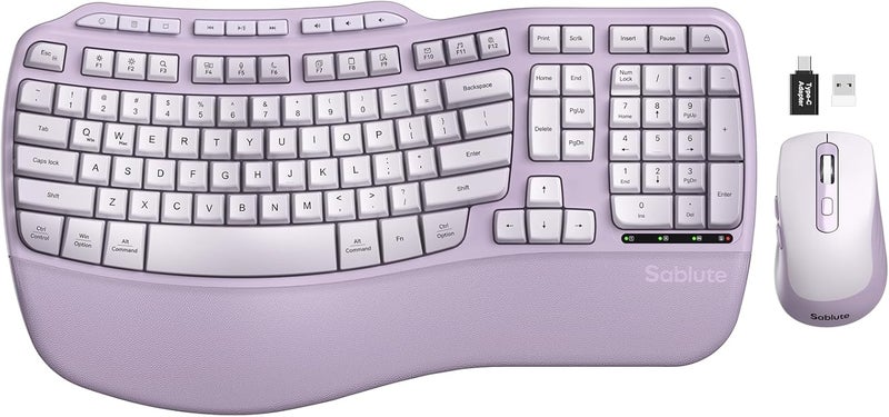 SABLUTE Purple Ergonomic Wireless Keyboard and Mouse Combo, 2.4G Full Size Ergo Wave Key Board with Cushioned Plam Rest, Natural Typing, 3 DPI Adjustable Silent Mouse for Computer/Laptop/Windows/Mac - Image 1